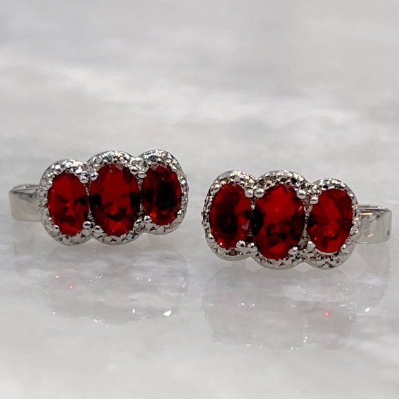 Trilogy Red Gemstone Diamond Accent Latch Back Earrings - Picture 3 of 12